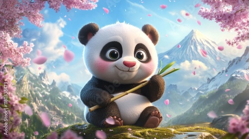 panda holding a bamboo stick, with cherry blossoms falling around him generative ai