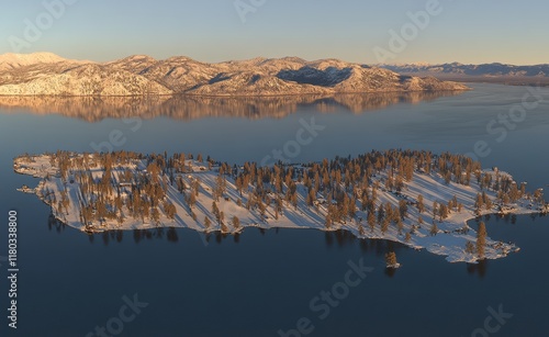 An aerial panoramic view taken by drone showcasing Lake Sils and Plaun da Lej in winter, situated in the Maloja Region, Canton of Graubunden, Engadine. photo