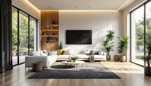 Wallpaper Mural Modern japandi living room with large windows, a white sofa, a coffee table, and various decorative elements such as potted plants and a large black tv. Torontodigital.ca