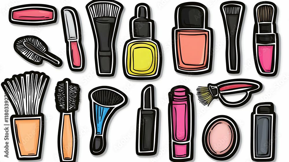 Fototapeta premium Colorful makeup tools and products, graphic illustration, various beauty supplies.