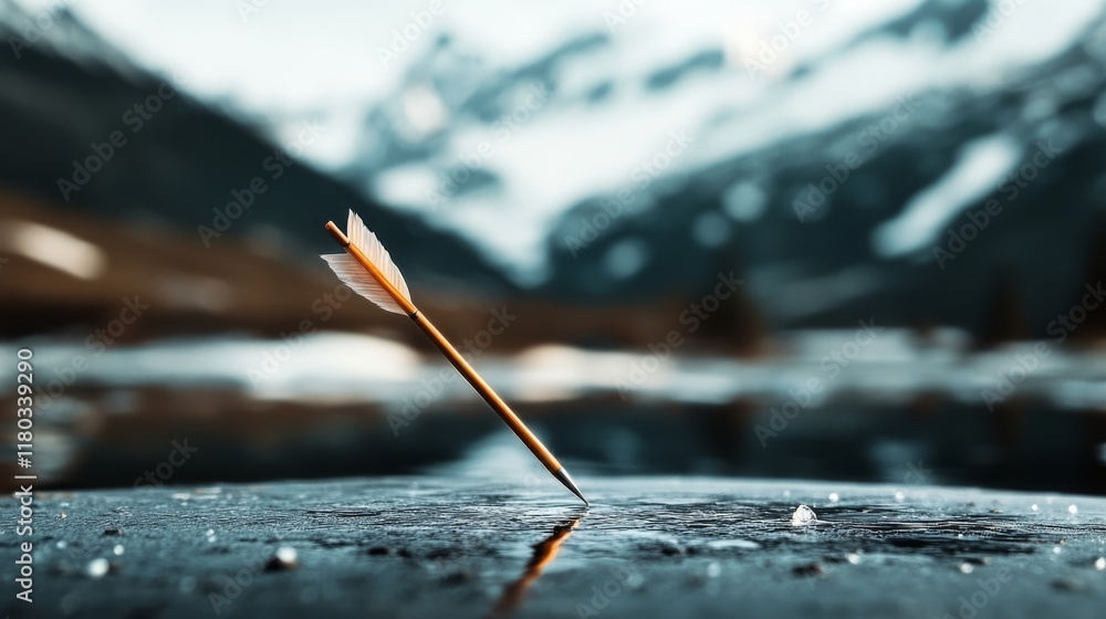 An arrow pierces the frozen surface of a serene lake, reflecting distant snow-capped mountains, in a stunning tableau of strength and stillness. An arrow pierces the frozen surface of a serene lake, reflecting distant snow-capped mountains, in a stunning tableau of strength and stillness.