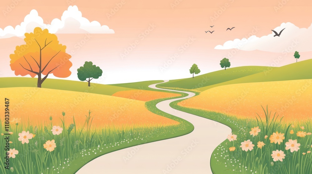 Autumnal Winding Path Through Golden Fields Autumnal Winding Path Through Golden Fields