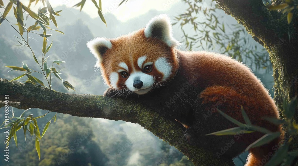 Obraz premium chubby red panda, sitting on a tree branch, surrounded by bamboo leaves, misty mountain background, generative ai