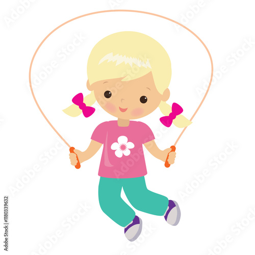 Cute little girl with a skipping rope vector cartoon illustration
