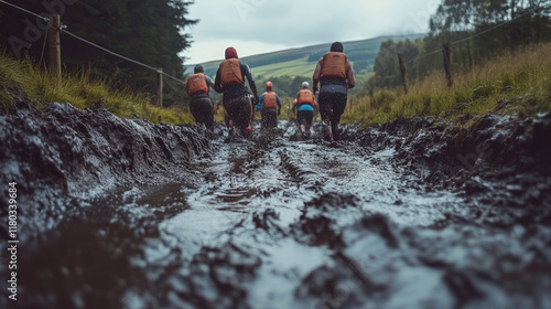 A group of participants struggling through deep, slippery mud during an obstacle course race, with ropes, walls, and muddy hills in the distance photo