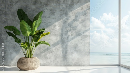 Fototapeta Naklejka Na Ścianę i Meble -  Indoor plant on white floor with empty concrete wall background, Lounge and coffee table near glass window in sea view living room of modern luxury beach house or hotel - Home interior 3d illustration