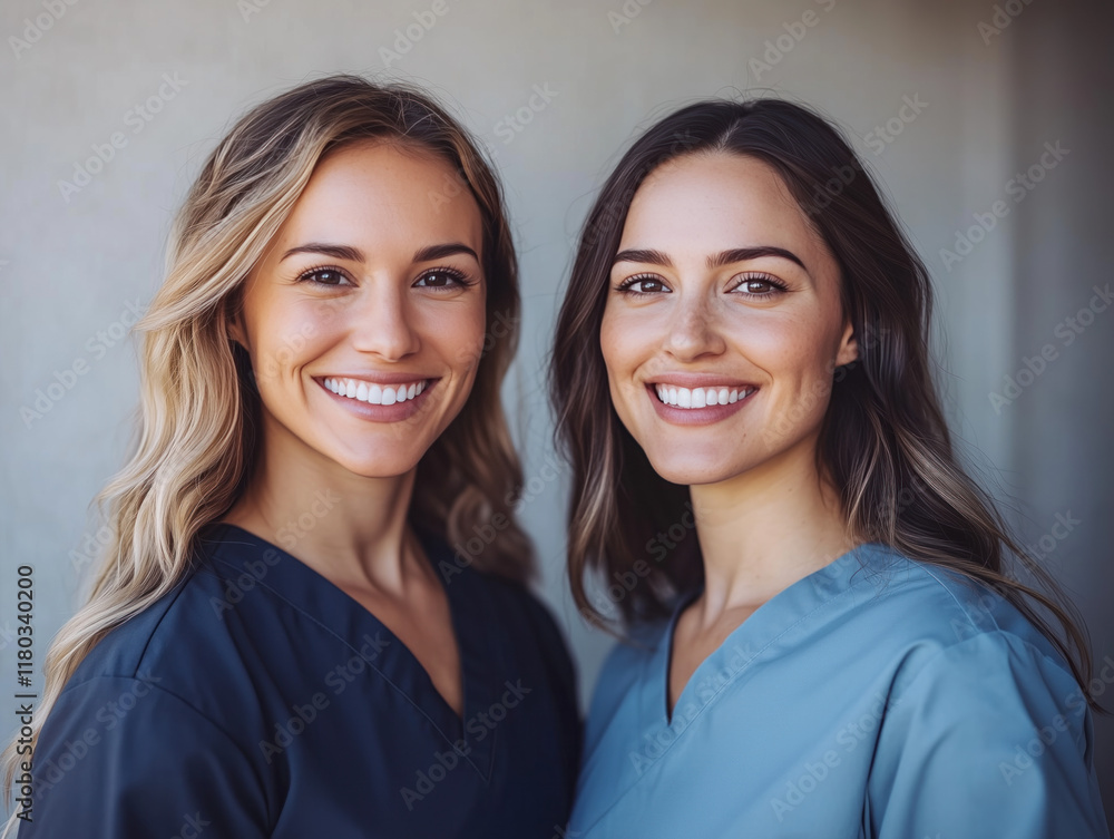 Joyful Female Nurses Radiate Positivity and Compassion Against a Bright Background, Creating an Uplifting Atmosphere of Care and Dedication in Their Profession. Joyful Female Nurses Radiate Positivity and Compassion Against a Bright Background, Creating an Uplifting Atmosphere of Care and Dedication in Their Profession.