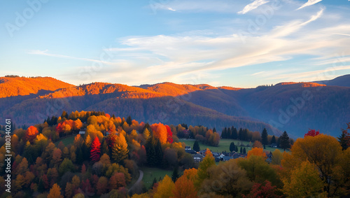 Colorful morning scene of Carpathians, Krasna ridge, Ukraine, Europe. Sunny autumn scene of mountain village. Beauty of nature concept background. Orton Effect. photo