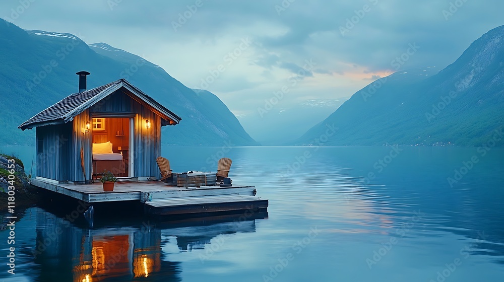 Fototapeta premium A serene floating cabin by a tranquil lake surrounded by mountains.