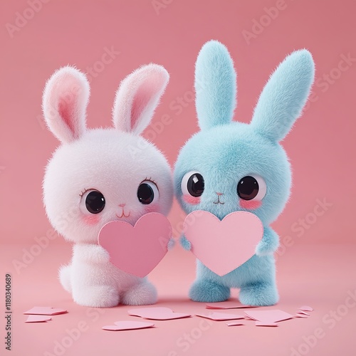 Two 3d Plush Bunny Doll Love Bunnies Light Blue Boy Girl Holding Pink Heart Valentine's Day Greeting Card