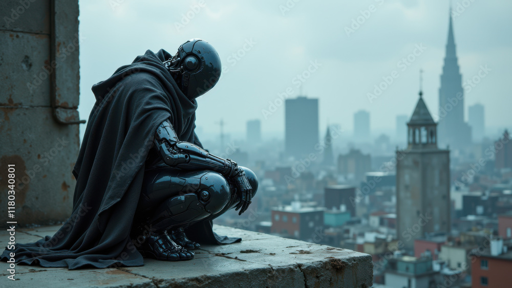 Fototapeta premium AI robot contemplating from rooftop, overlooking cityscape.