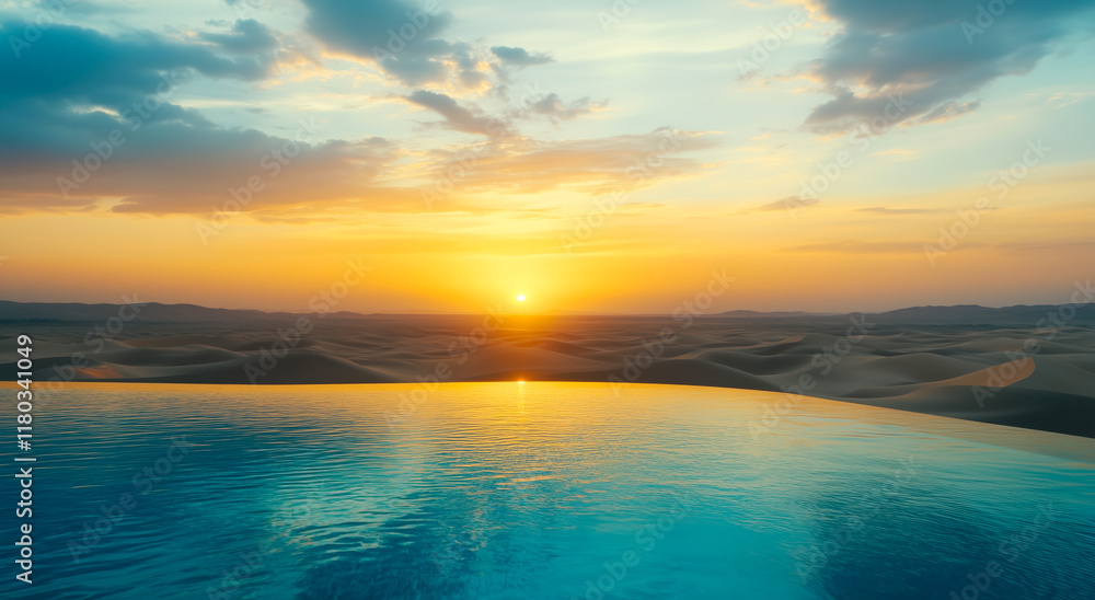 Fototapeta premium Outdoor infinity pool with views of sandy dunes in a desert
