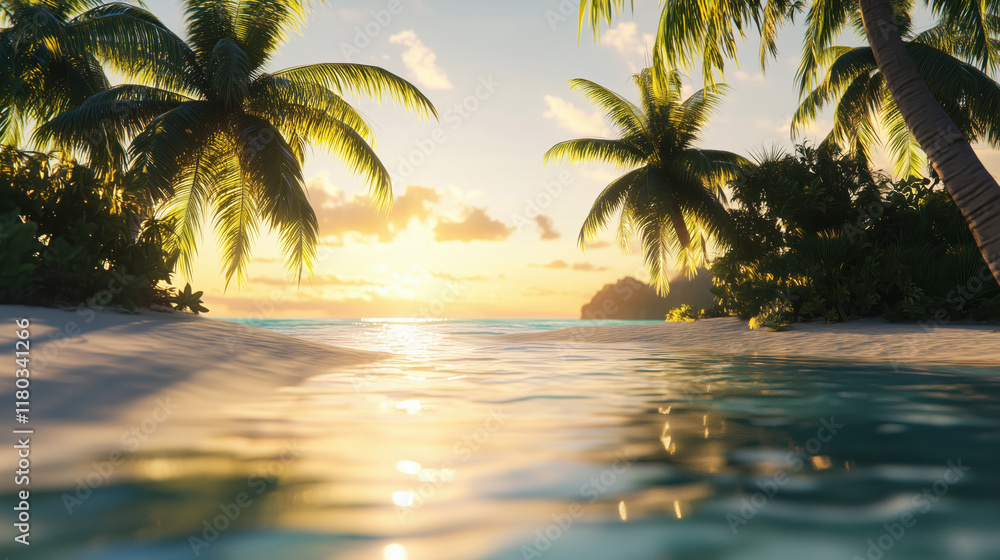 Sunset landscape of sandy beach with blue ocean, palm trees and tropical plants Sunset landscape of sandy beach with blue ocean, palm trees and tropical plants