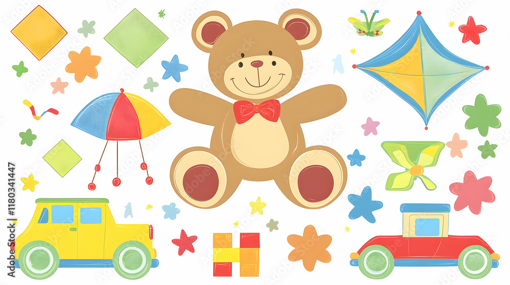 Fototapeta premium Cute cartoon teddy bear and children's toys, colorful design elements, playtime background.