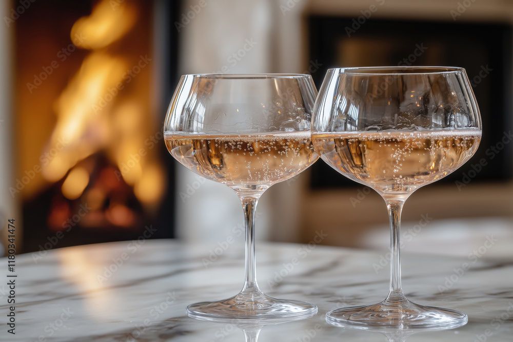 Set of two elegant champagne coupe glasses with rose sparkling wine Set of two elegant champagne coupe glasses with rose sparkling wine