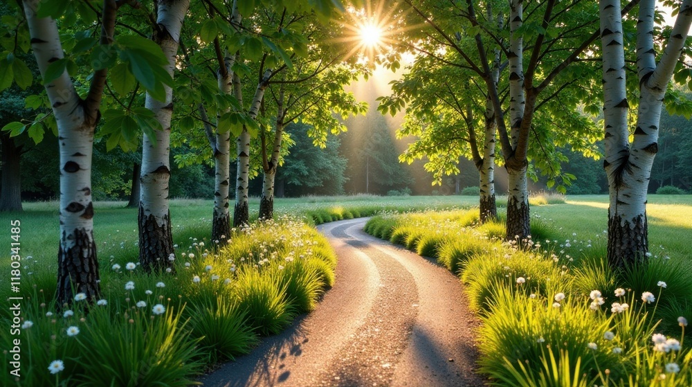 Obraz premium Serene sunrise path lined with birch trees and wildflowers