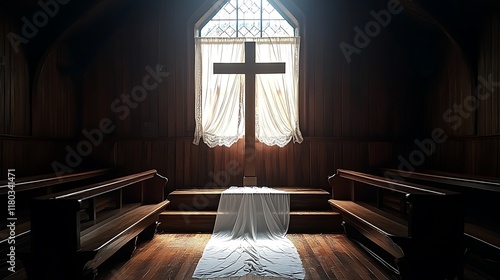 Wallpaper Mural A serene interior of a chapel with a cross and wooden pews illuminated by sunlight. Torontodigital.ca