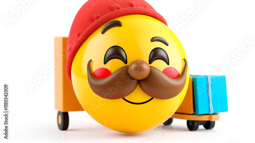 3D Happy one mustachioed emoji as a shipper , white background photo