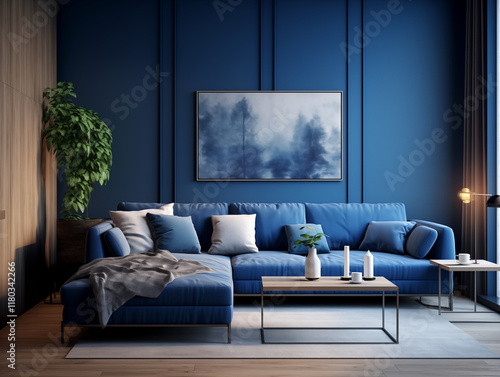 Color drenched cobalt blue living room with wood panneling, blue couch and large artwork on the wall. Modern bright living room. Statement living room interior.