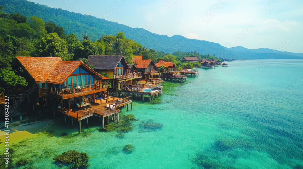 Naklejka premium A luxurious resort with overwater bungalows, surrounded by crystal-clear turquoise waters and distant mountains, with a serene and peaceful atmosphere