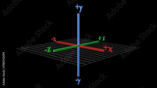 3d xyz axis. X, Y, Z coordinates defining 3d space. Y axis up down. Z axis in out. 3d render illustration.	