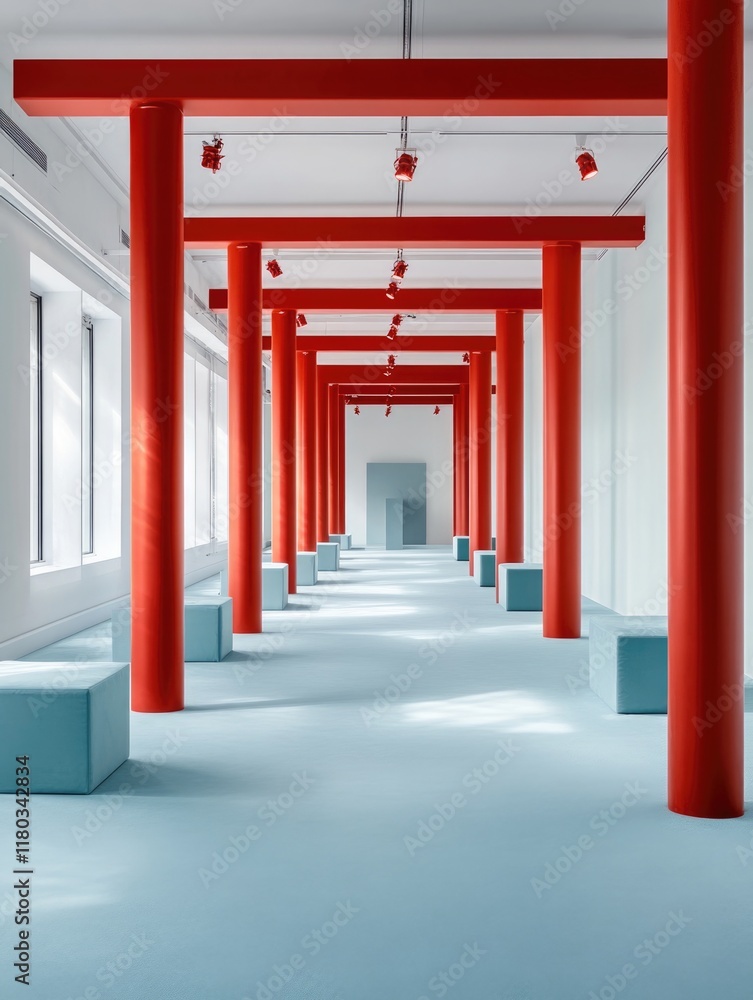 Fototapeta premium Long Hallway with Red Pillars and Blue Benches