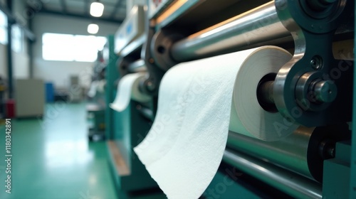 Industrial Paper Production Facility Large Roll of Soft Tissue Paper on a Modern Manufacturing Machine