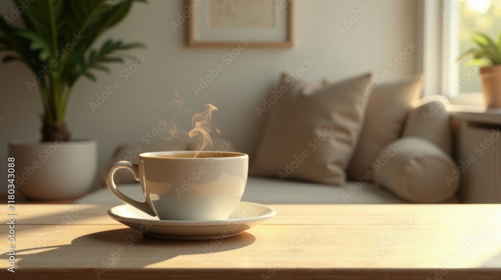 Warm Morning Beverage on Wooden Table in Cozy Room Warm Morning Beverage on Wooden Table in Cozy Room