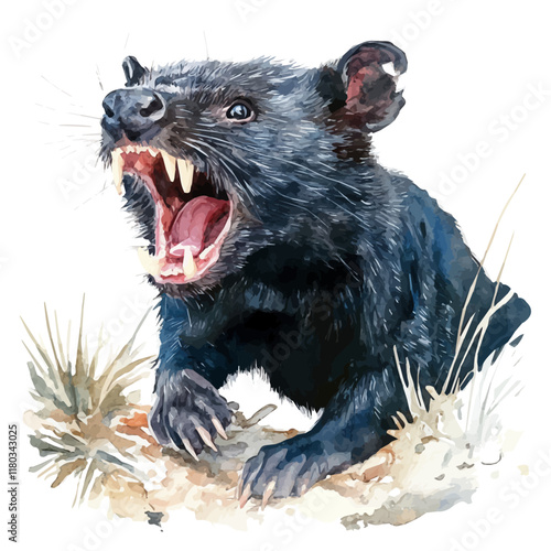 A watercolor of a Tasmanian devil growling near a den, isolated on a white background. Tasmanian devil vector.
 photo