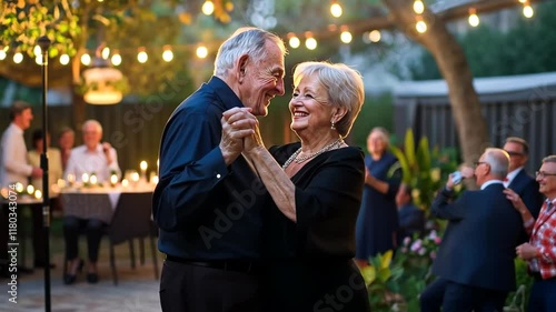 Elderly couple dancing joyfully under string lights at an outdoor evening gathering with a warm and festive ambiance
