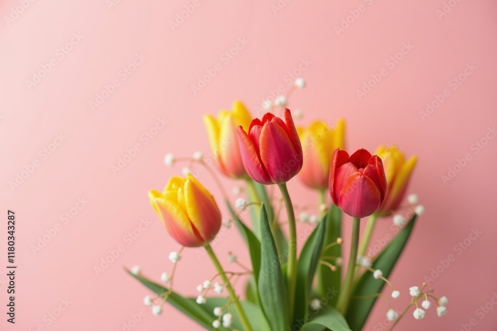 Flower composition featuring red and yellow tulips against an isolated pink background with delicate accents of white blossoms Flower composition featuring red and yellow tulips against an isolated pink background with delicate accents of white blossoms