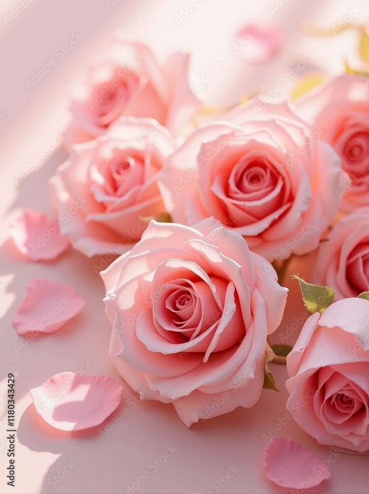 Beautiful arrangement of delicate pink roses with scattered petals on a soft surface in warm natural light Beautiful arrangement of delicate pink roses with scattered petals on a soft surface in warm natural light