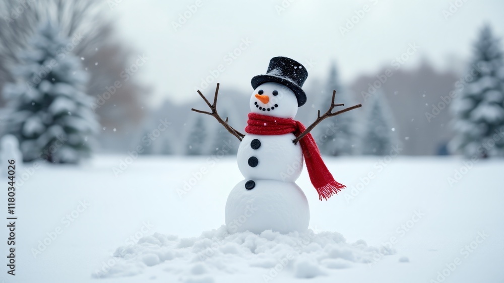 Fototapeta premium Cheerful snowman with red scarf, black top hat, and twig arms. Coal buttons and carrot nose add charm. Snowy field and frosty trees create a joyful winter wonderland.