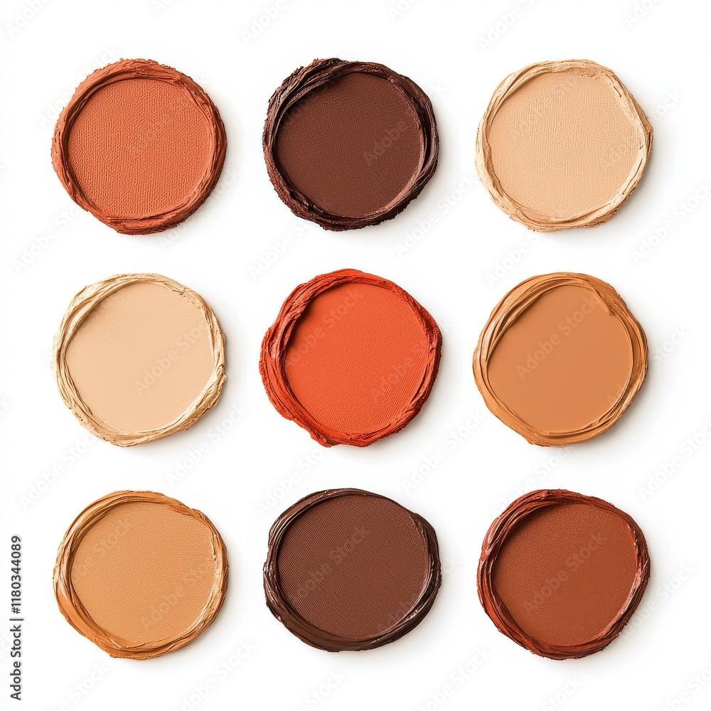 Colorful round makeup paint swatches arranged in a grid, showcasing various shades ideal for beauty and cosmetic applications. Colorful round makeup paint swatches arranged in a grid, showcasing various shades ideal for beauty and cosmetic applications.