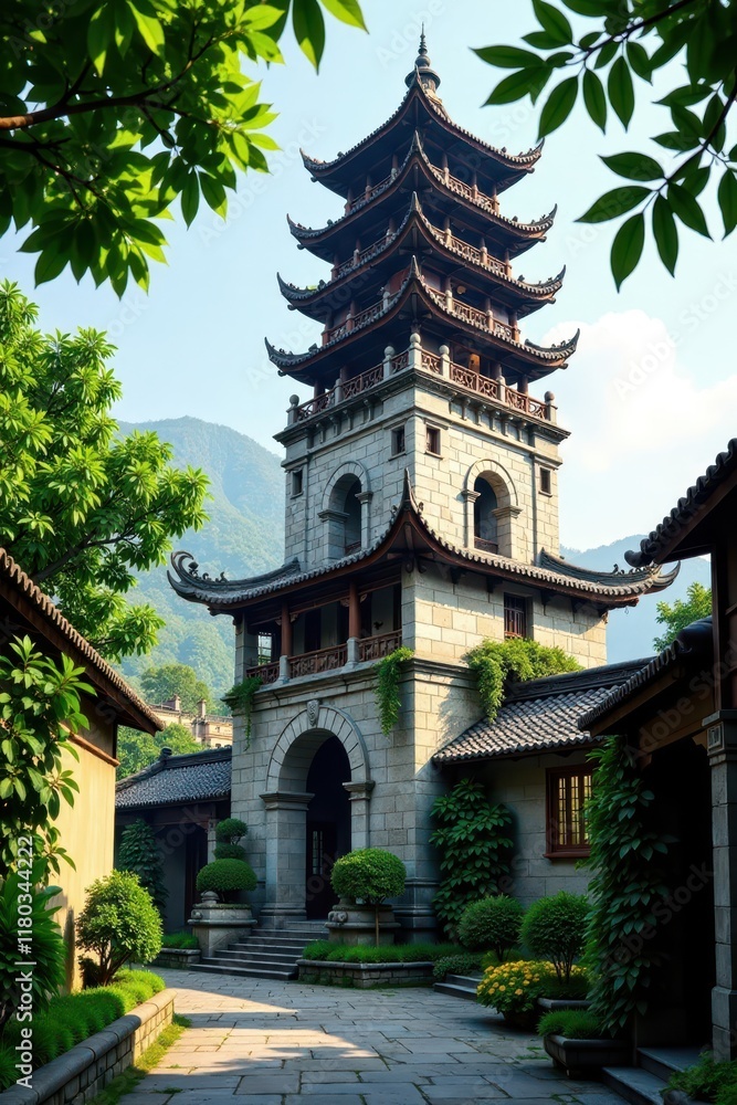 Towering structure made of stone and wood, blending into Hanoi's historic landscape, surrounded by lush greenery, Lake scenery, Wooden tower, Heritage