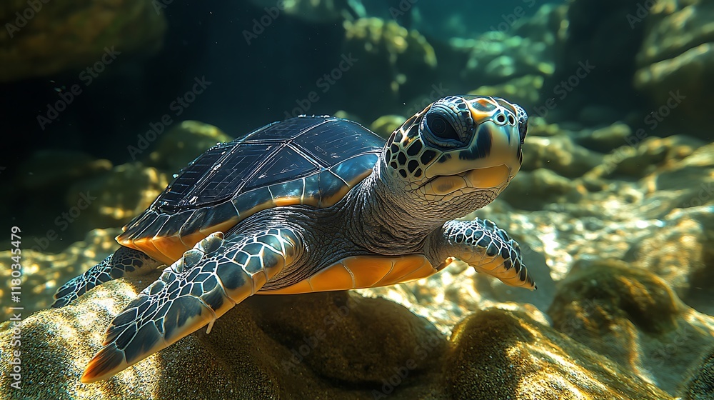 Obraz premium A serene underwater scene featuring a turtle swimming gracefully.