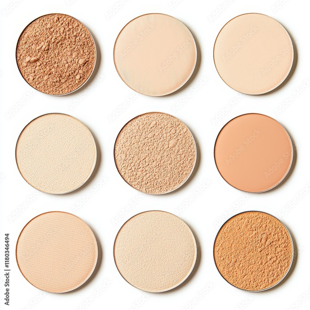 Fototapeta premium Nine circular makeup powders in various shades, arranged in a grid, showcasing a range of hues for foundation or cosmetic use.