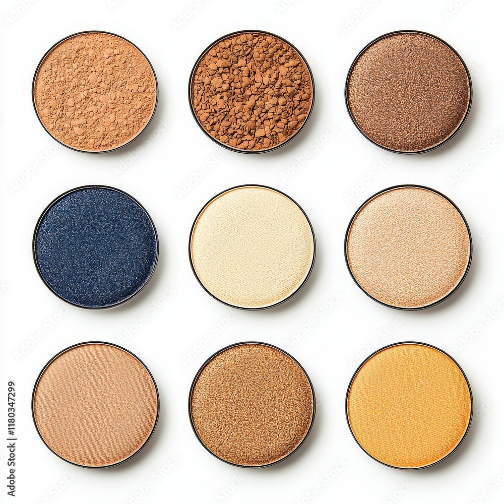 Fototapeta premium A grid of nine round eyeshadow pans featuring a variety of colors including browns, golds, and a deep blue shade.