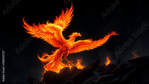 A magnificent phoenix with fiery plumage rises from the ashes, symbolizing rebirth and immortality in a display of radiant beauty. photo