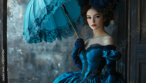 A beautiful young woman in a historical blue dress with an umbrella, gloves, and a hat. Dress on a woman of the 19th century. Design for the book cover