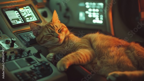 Fototapeta Naklejka Na Ścianę i Meble -  A contented cat naps peacefully on a spaceship console, blending comfort with a sense of futuristic adventure amid the soft glow of screens.