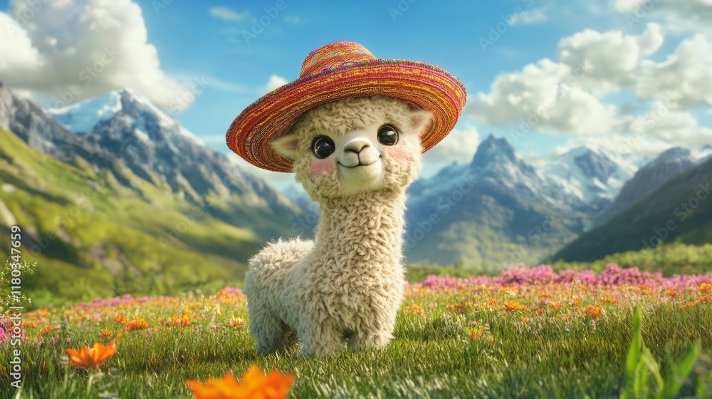 Fototapeta premium fluffy baby alpaca, wearing hat, standing in a vibrant meadow with mountains in the background, generative ai