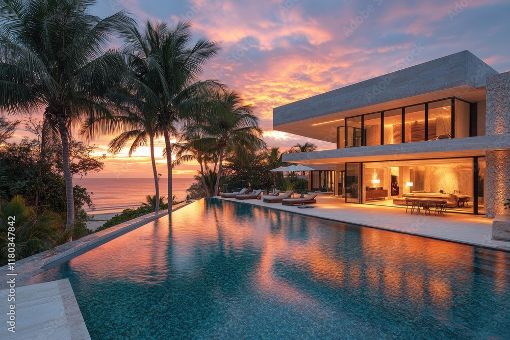 Fototapeta premium A large outdoor swimming pool located in front of a house, perfect for summer fun and relaxation