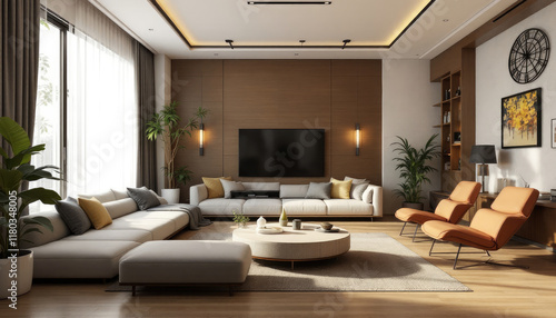 Modern japandi living room with a large white sofa  two orange chairs  a coffee table  and a flat-screen tv mounted on the wall.