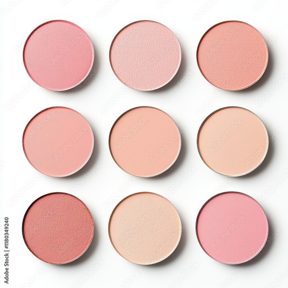 A grid of nine blush pans in various shades of pink and nude, perfect for makeup and beauty applications. A grid of nine blush pans in various shades of pink and nude, perfect for makeup and beauty applications.