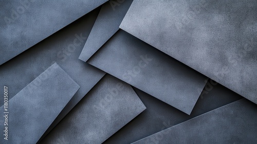 Graphite grey abstract textured geometric background with fly inclined rectangle paper sheets with corners and black shadows lines in in luxury business style for design, top view, copy space. photo