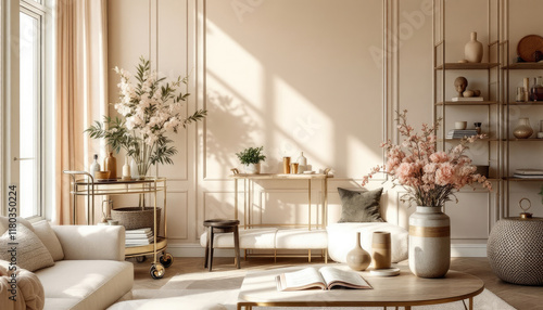 Wallpaper Mural A well-decorated living room with a large window, white furniture, and various decorative elements such as vases, potted plants, and books. Torontodigital.ca