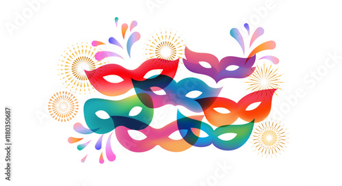 Carnival banner with colorful masks and fireworks. Modern vector background