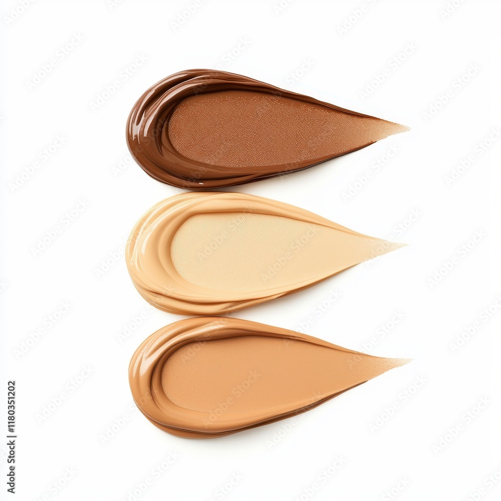 Fototapeta premium Three swatches of foundation in varying shades: dark brown, medium beige, and light beige, showcasing a range for diverse skin tones.