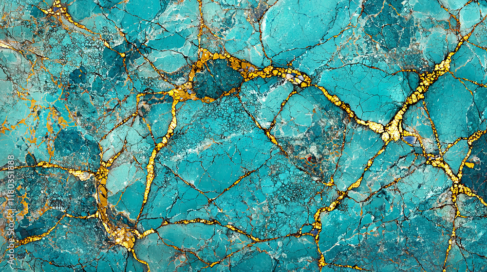 Vibrant marbled layers of teal and ocean blues, intersected by gold cracks, reminiscent of precious gemstones Vibrant marbled layers of teal and ocean blues, intersected by gold cracks, reminiscent of precious gemstones